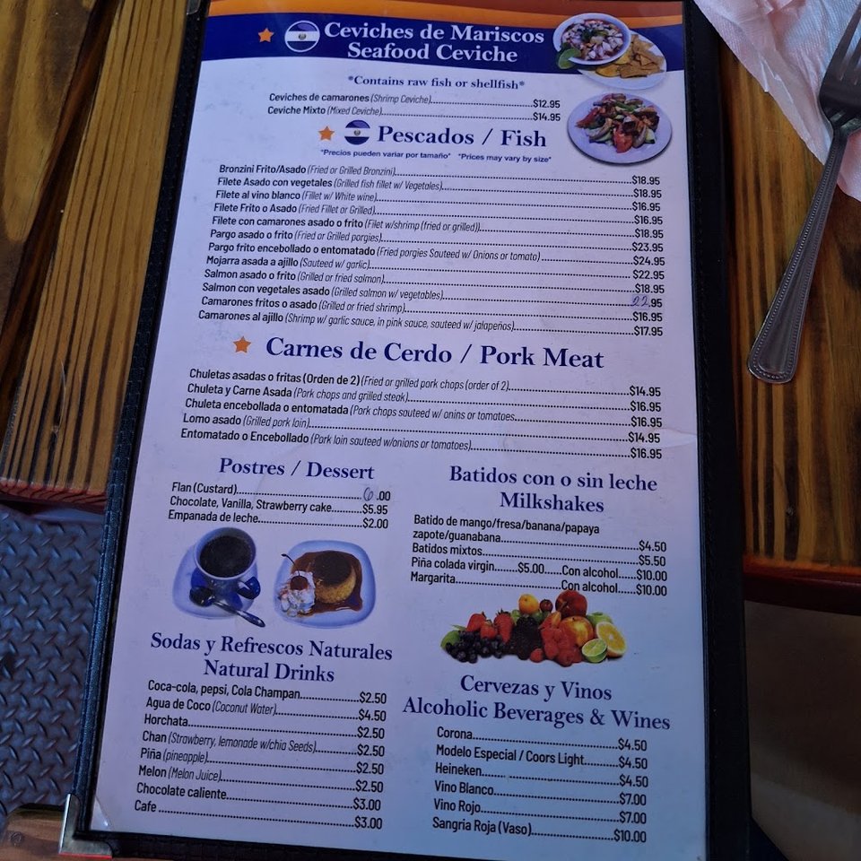 Menu page showing soups, chicken, and seafood.