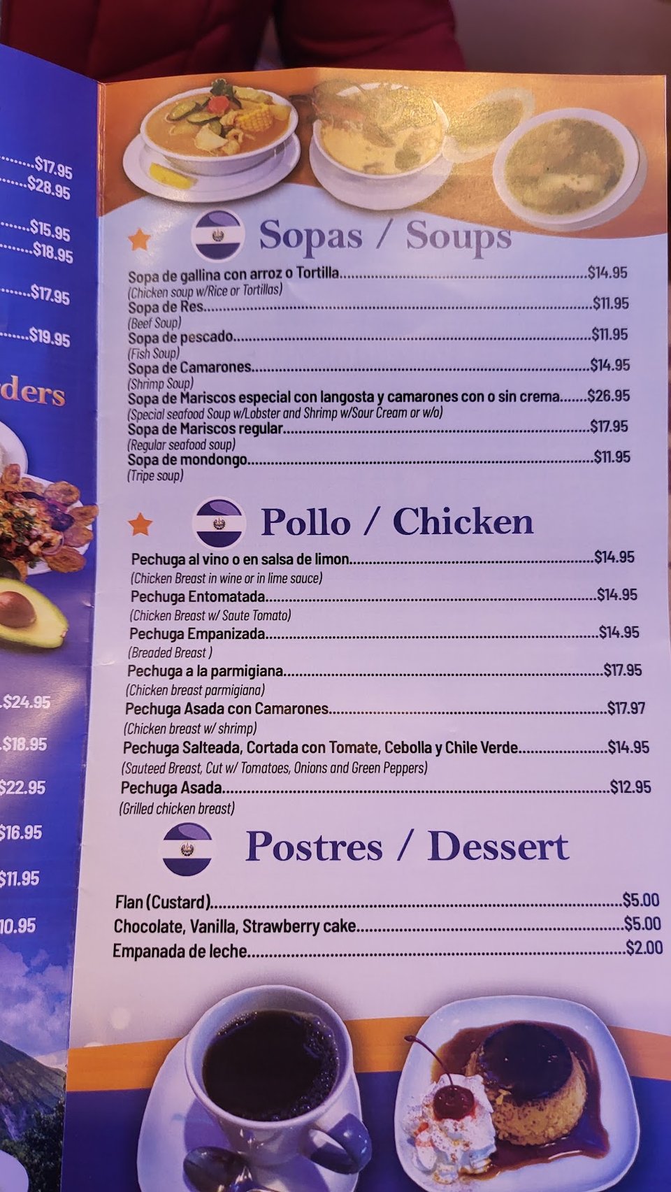 Printed menu with Salvadoran dishes and desserts.