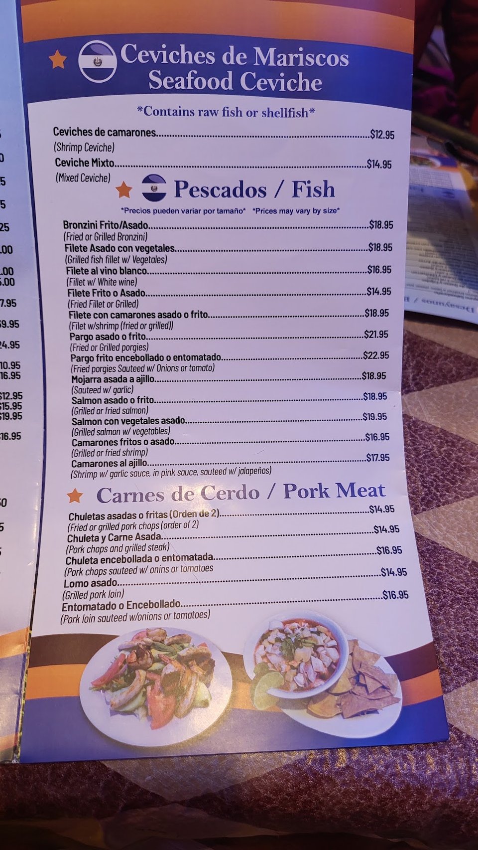 Menu layout with Spanish and English dish names.